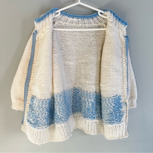 Handmade Knit Blue Bunny Rabbit Zip Up White Sweater Jacket Coat Child 4T 5T - Picture 3 of 13